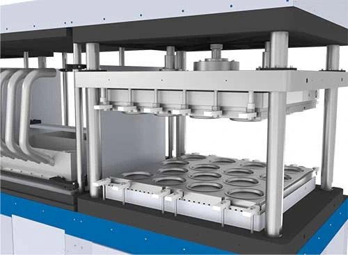 Semi-automatic molded fiber forming machine close-up showing mold station with biodegradable tableware products