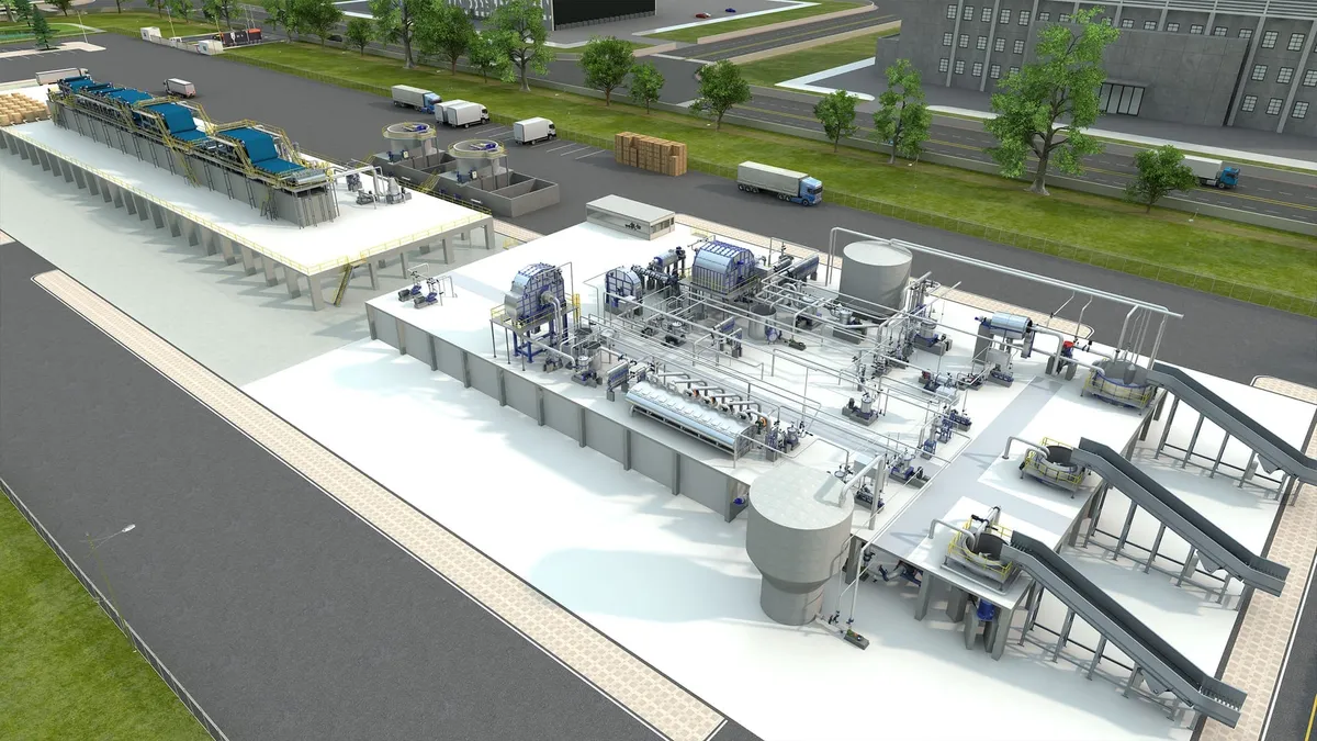 Complete paper mill stock preparation system layout — pulper, cleaner, screen, refiner, and thickener equipment arrangement