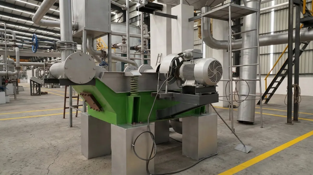 Parason vibrating screen installed on paper mill floor showing open frame design for visual inspection during operation