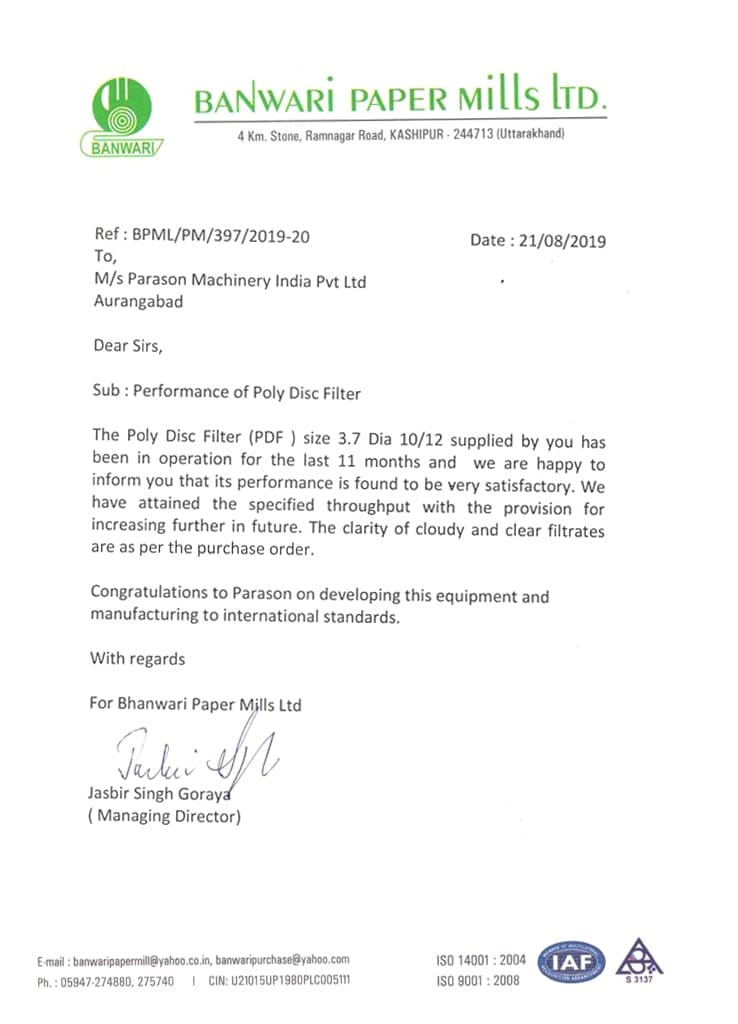 Letter of Appreciation from Banwari Paper Mills Ltd