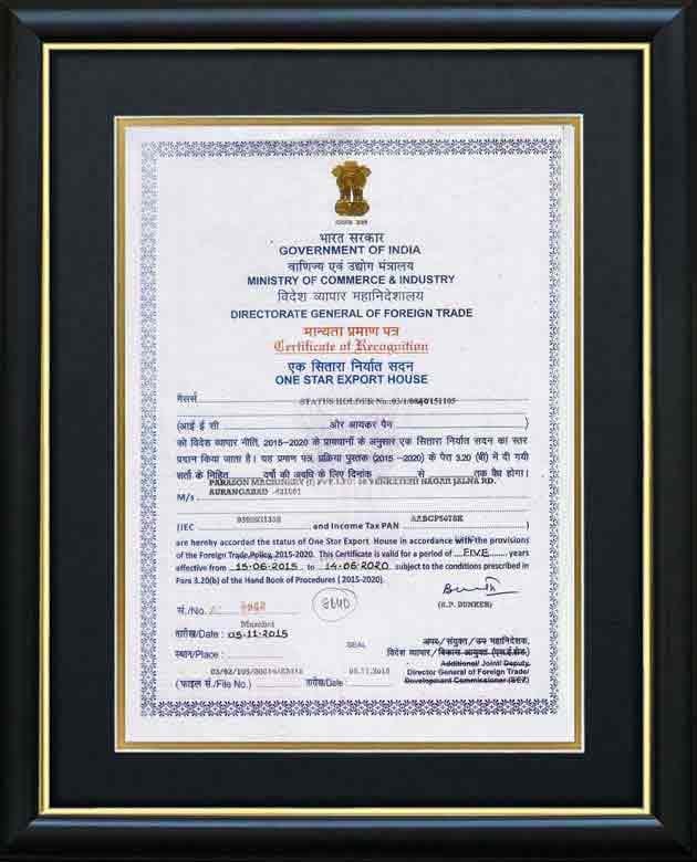 Parason Recognised as "Export House" by Government of India