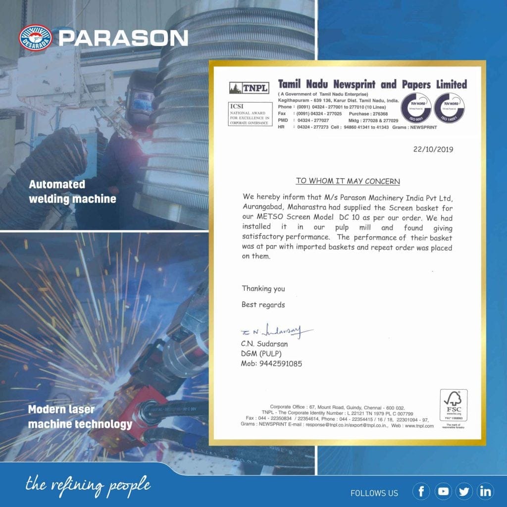 TNPL Appreciates Parason's Screen Baskets